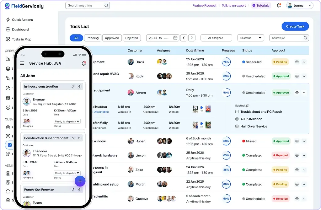 Work order management dashboard with mobile job list