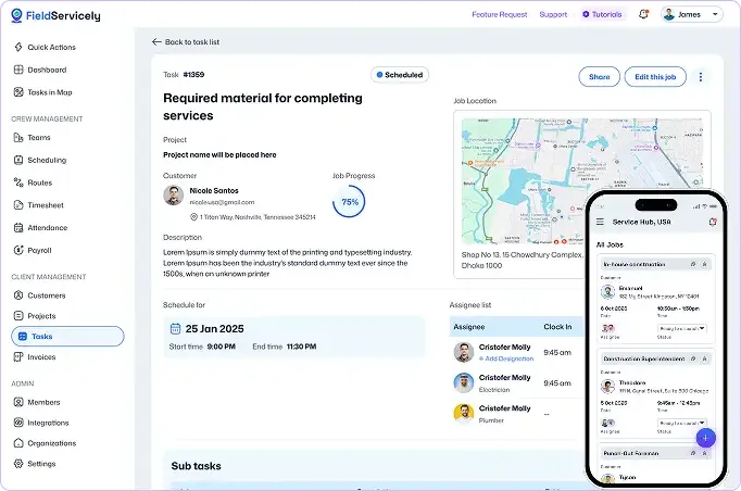 Work order dashboard with mobile task details view