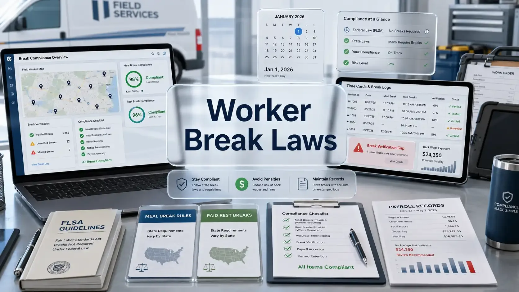 Worker break laws compliance dashboard with payroll risk