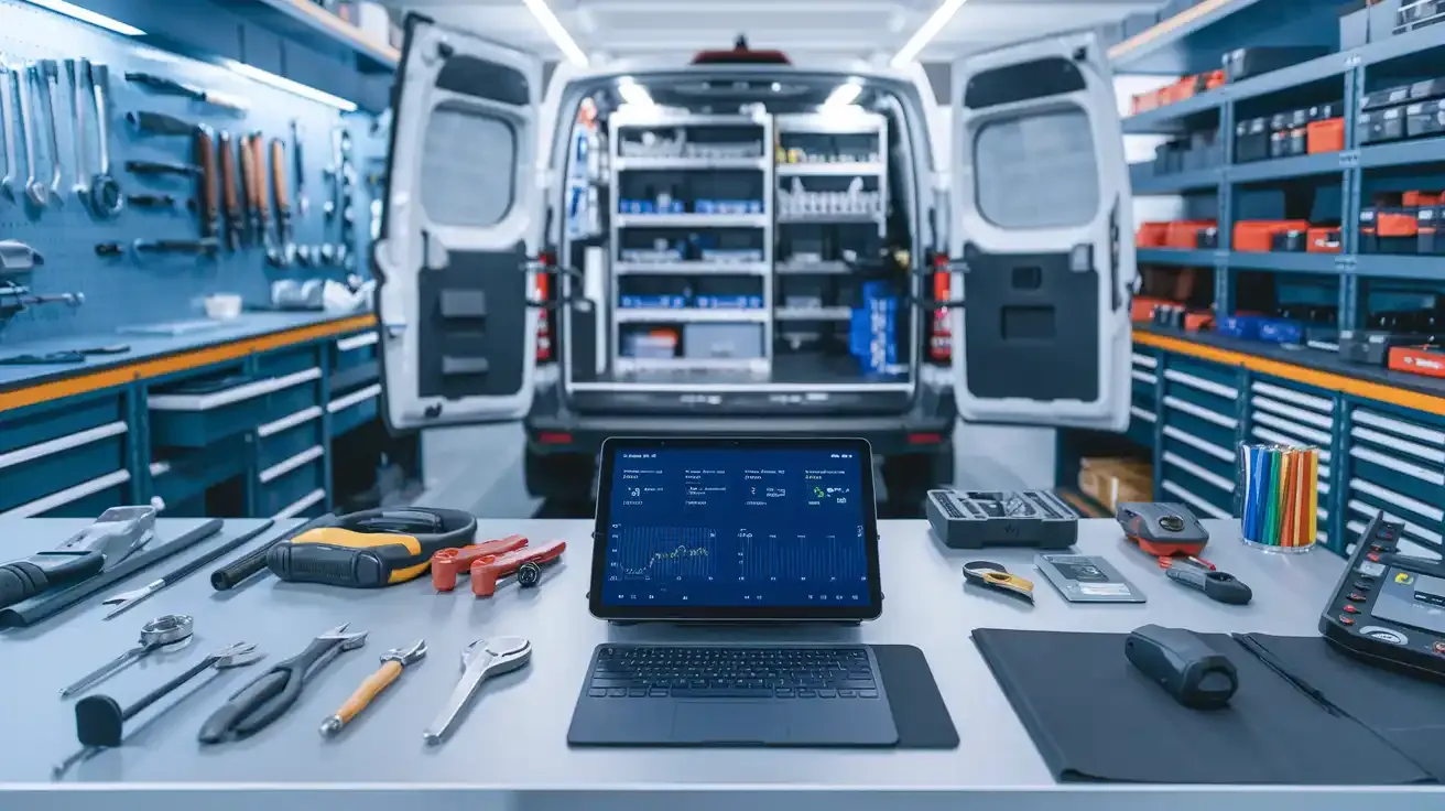 Organized workspace with tools, a stocked service van, and a digital dashboard displaying real-time service data.